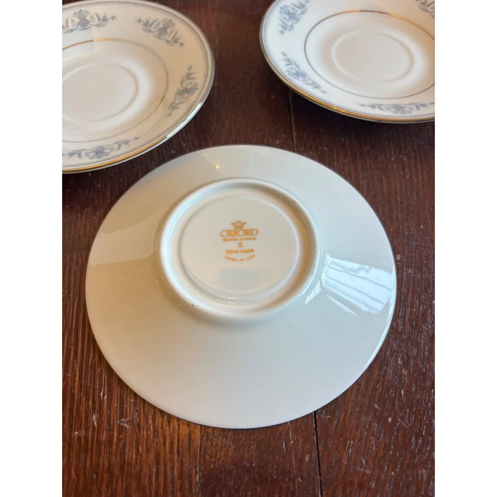 Oxford Bone China Bryn‎ Mawr Saucers Set of 4 Blue Floral Gold Trim Made in USA